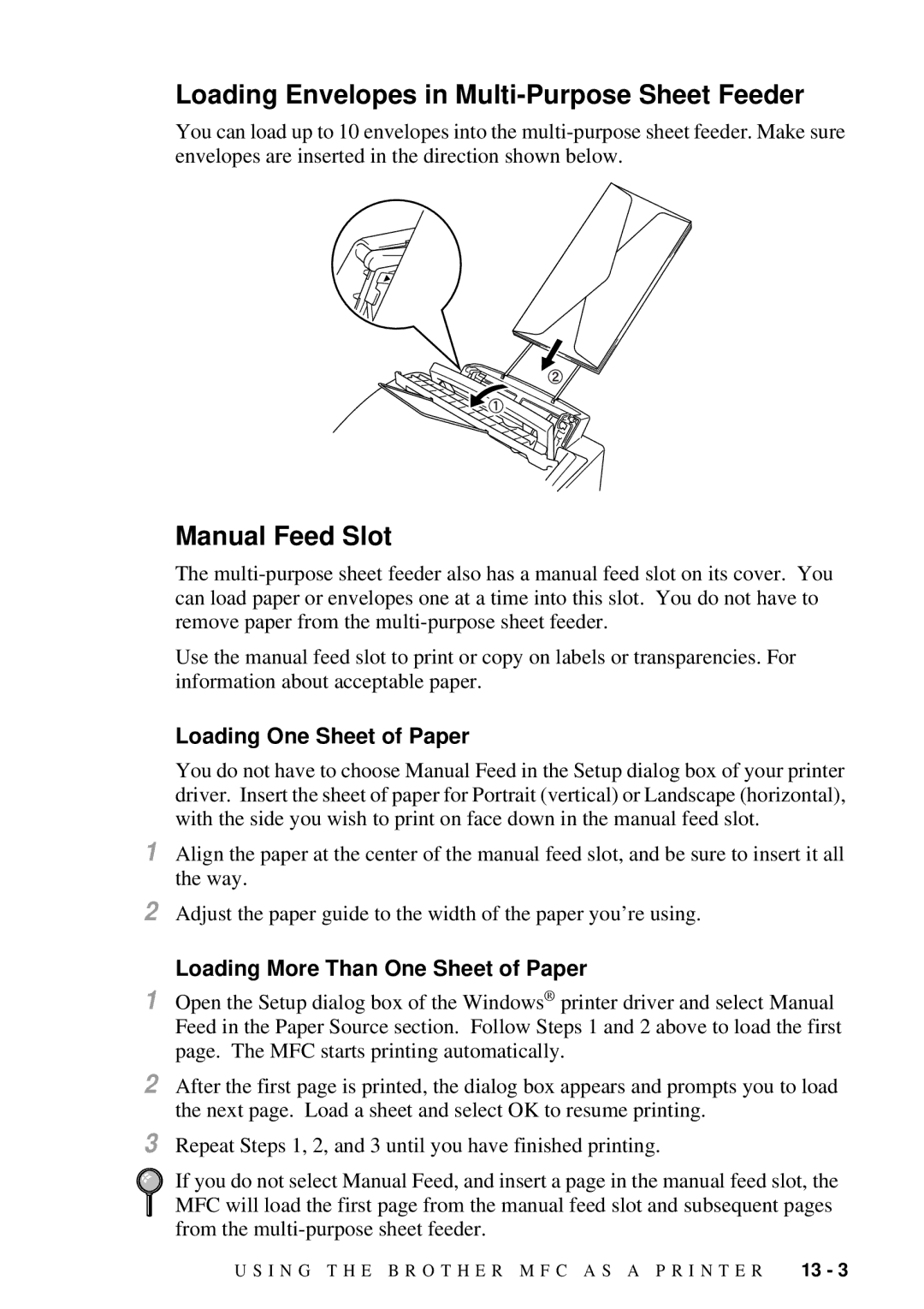 Brother MFC 4300 owner manual Loading Envelopes in Multi-Purpose Sheet Feeder, Loading More Than One Sheet of Paper 