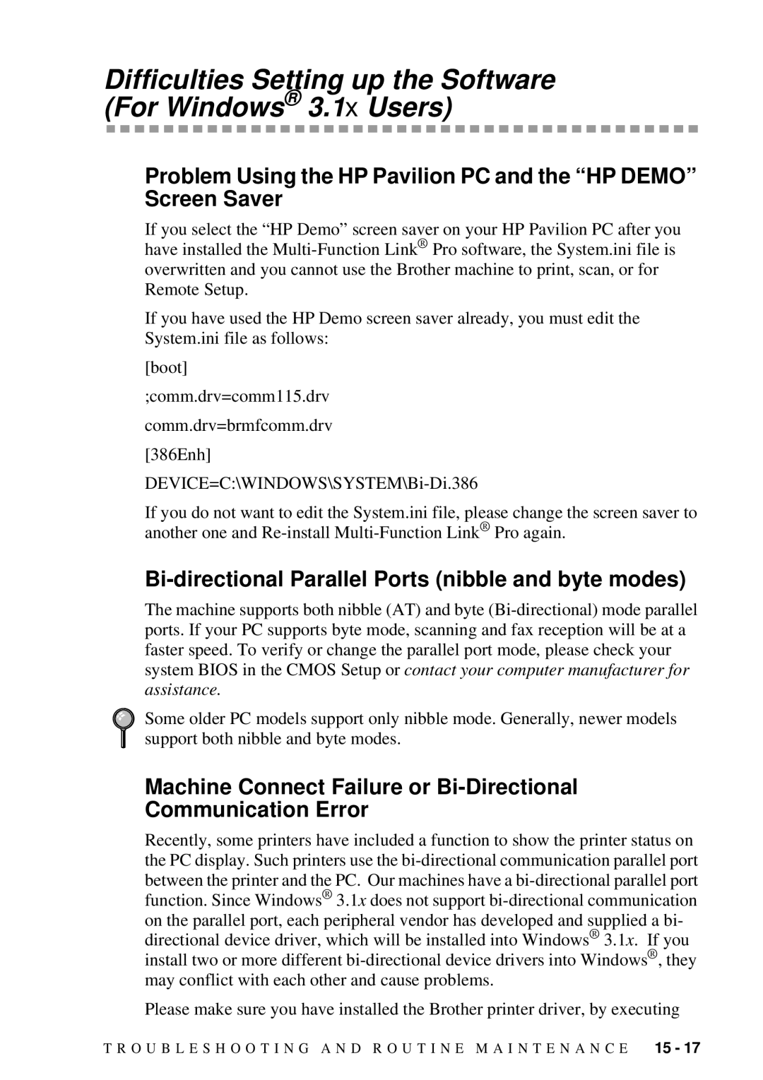 Brother MFC 4300 owner manual Difficulties Setting up the Software For Windows 3.1x Users 