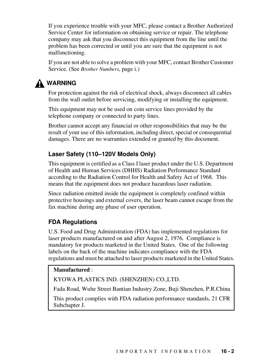 Brother MFC 4300 owner manual Laser Safety 110-120V Models Only, FDA Regulations, Manufactured 