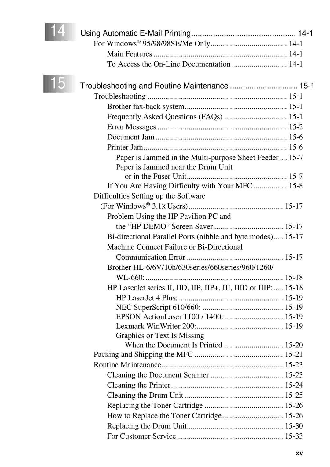 Brother MFC 4300 owner manual Using Automatic E-Mail Printing 14-1, Troubleshooting and Routine Maintenance 15-1 