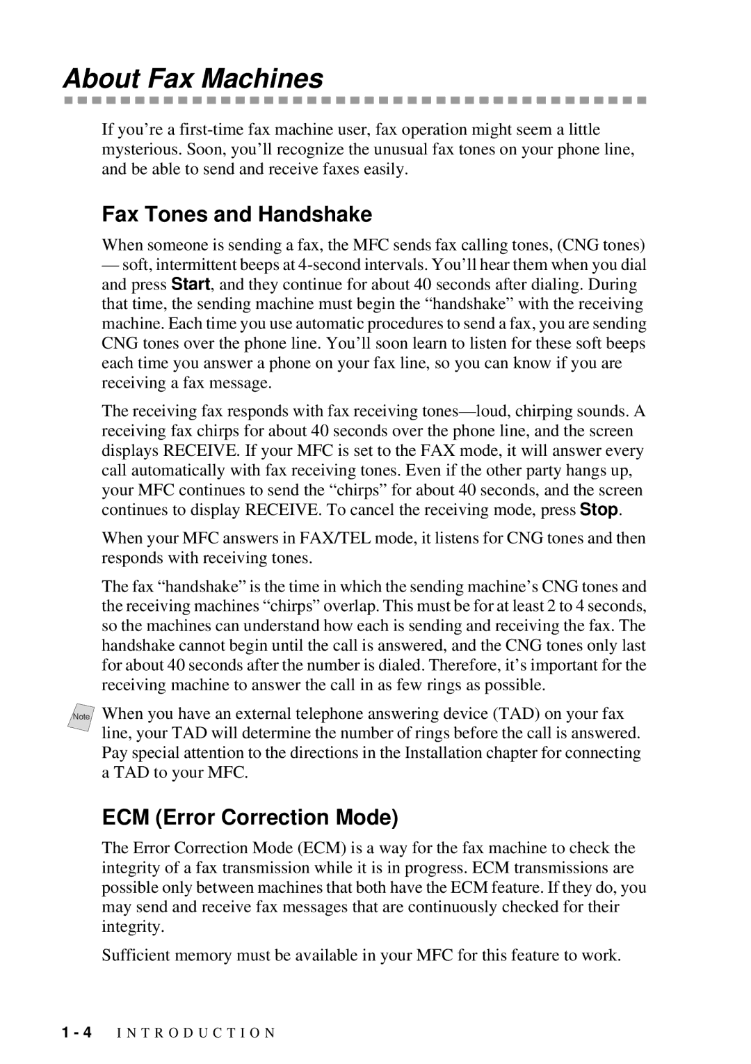 Brother MFC 4300 owner manual About Fax Machines, Fax Tones and Handshake, ECM Error Correction Mode 