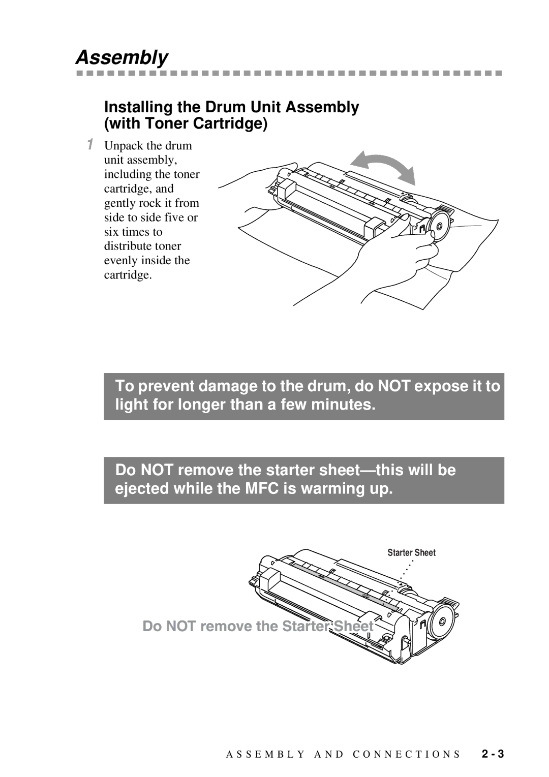 Brother MFC 4300 owner manual Installing the Drum Unit Assembly With Toner Cartridge 