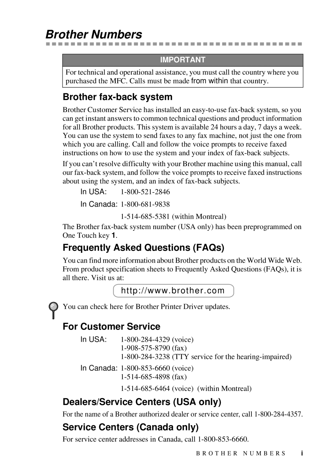 Brother MFC 4300 owner manual Brother Numbers 