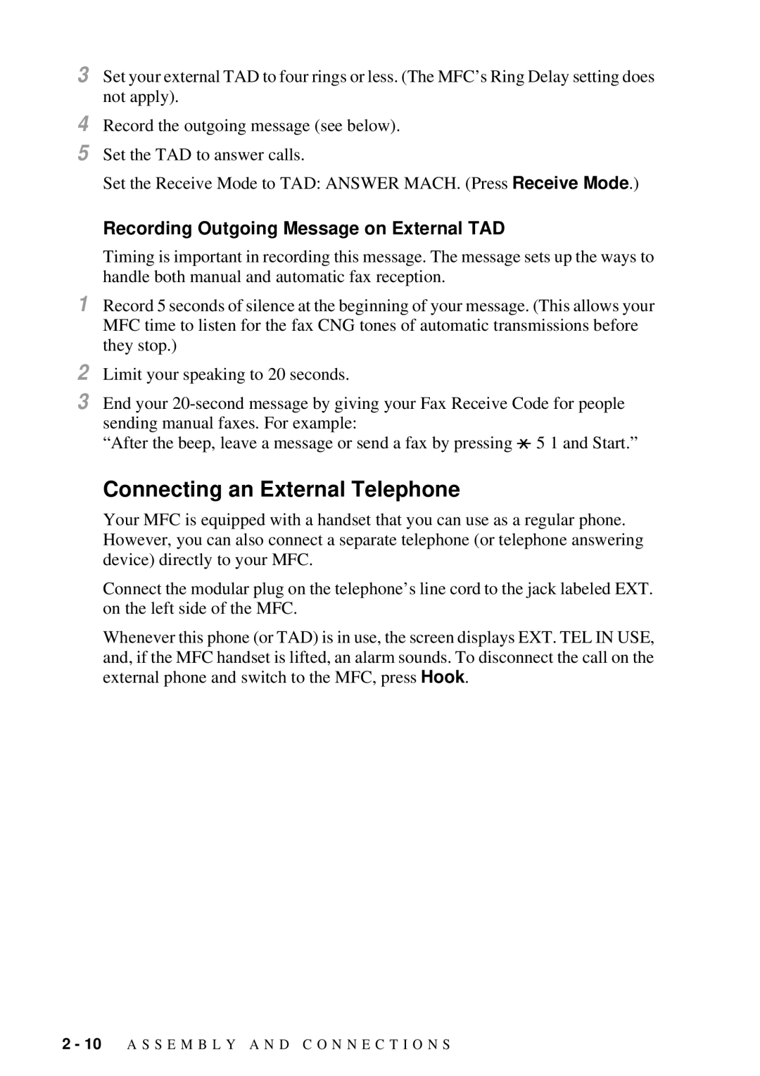 Brother MFC 4300 owner manual Connecting an External Telephone, Recording Outgoing Message on External TAD 