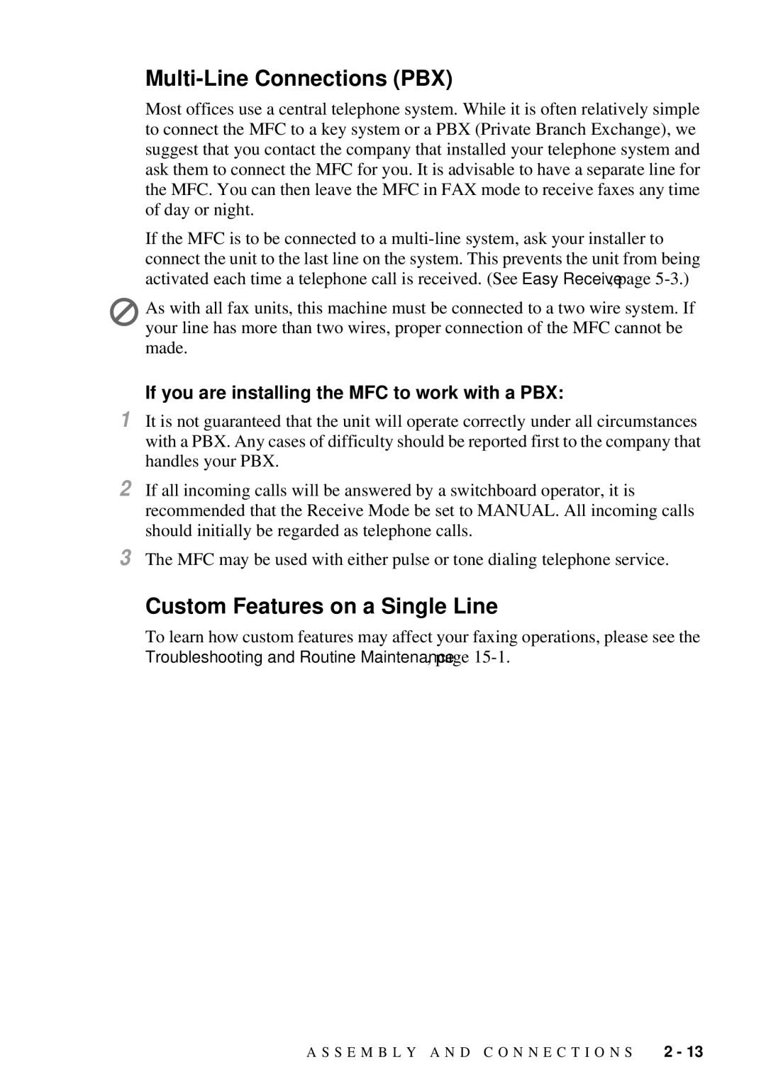 Brother MFC 4300 owner manual Multi-Line Connections PBX, Custom Features on a Single Line 