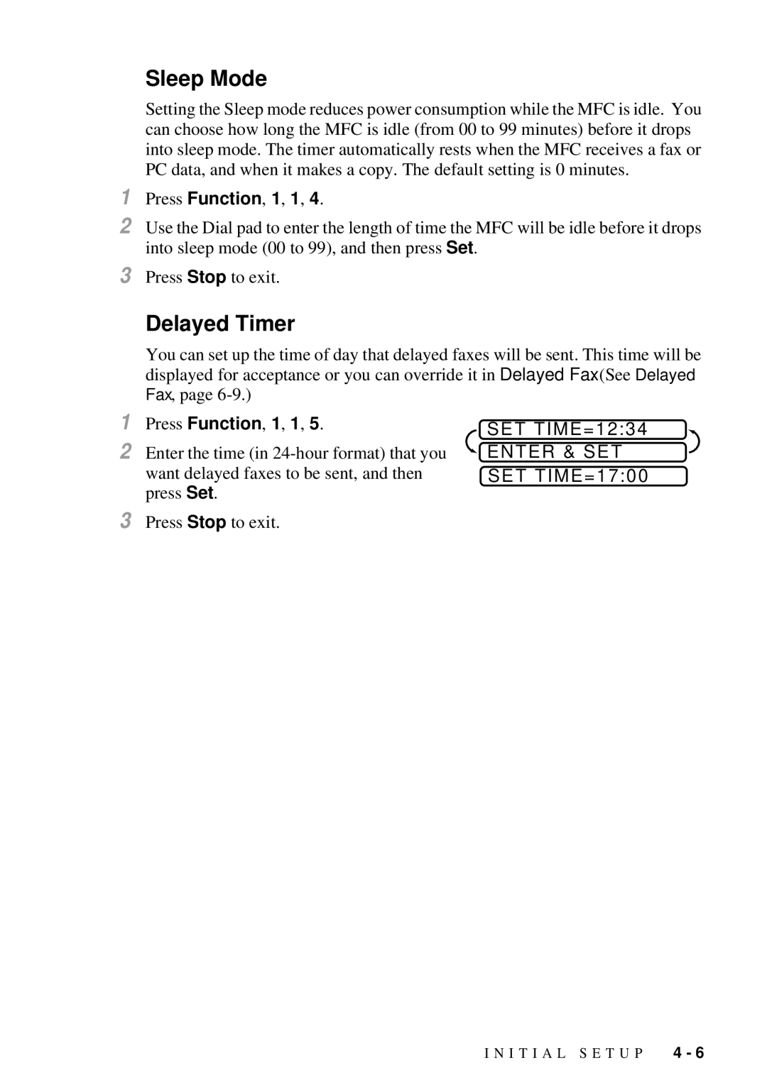 Brother MFC 4300 owner manual Sleep Mode, Delayed Timer, Enter & SET SET TIME=1700 