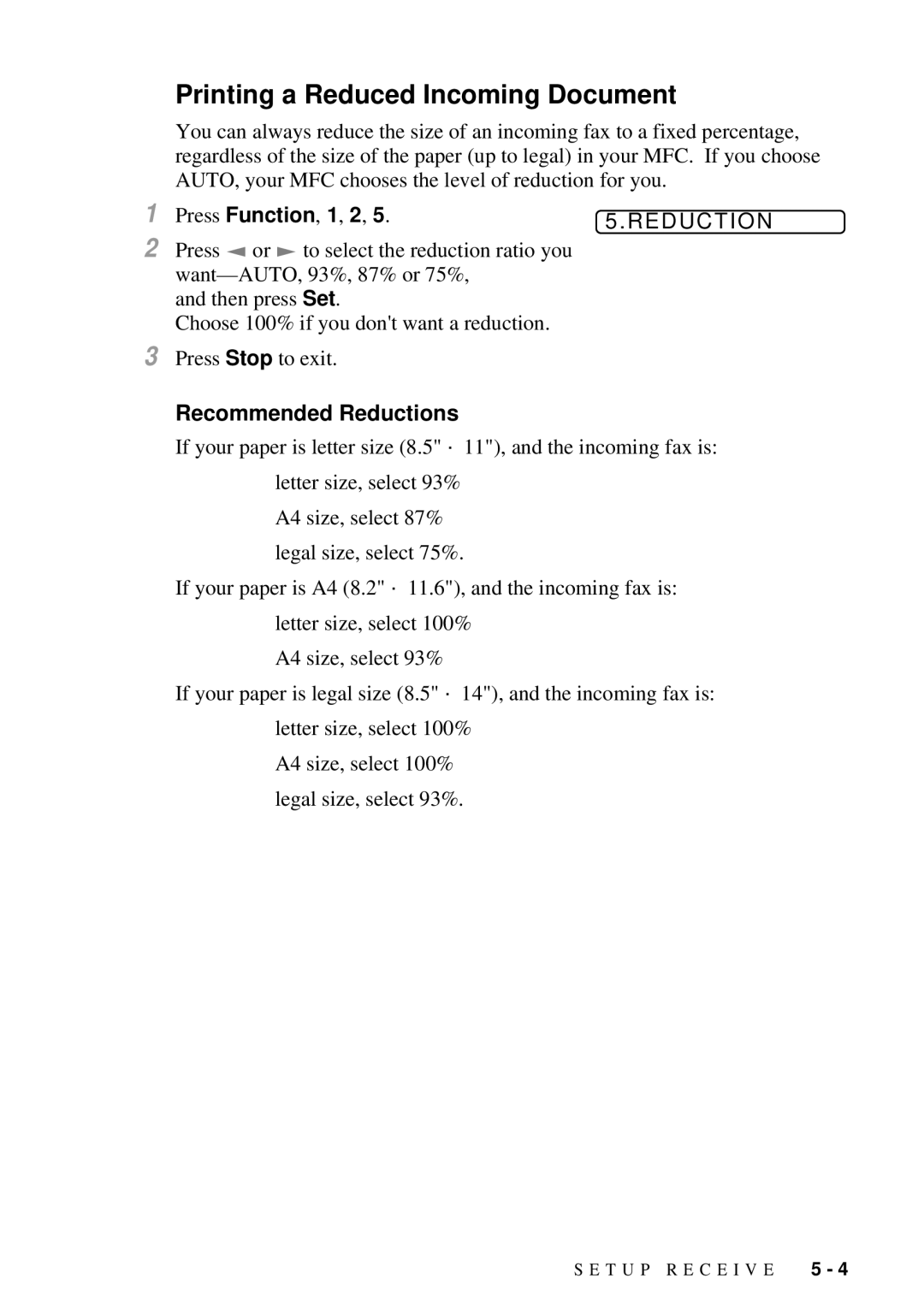 Brother MFC 4300 owner manual Printing a Reduced Incoming Document, Recommended Reductions 