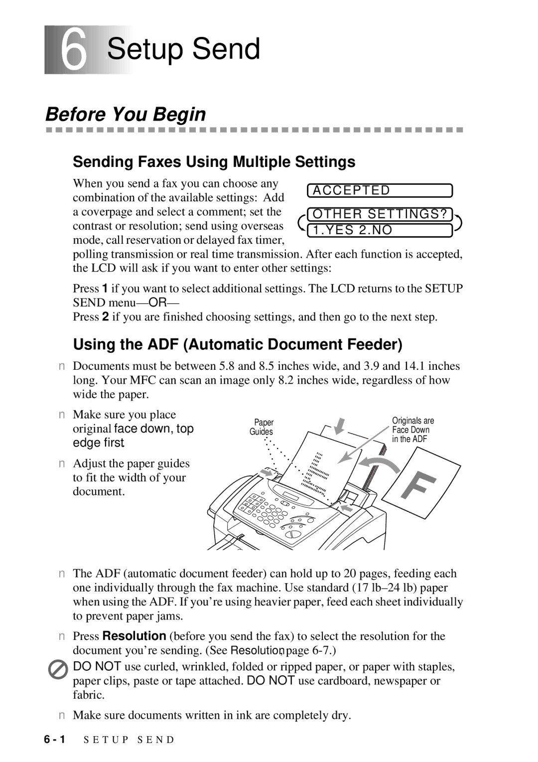 Brother MFC 4300 owner manual 6Setup Send, Before You Begin, Sending Faxes Using Multiple Settings 