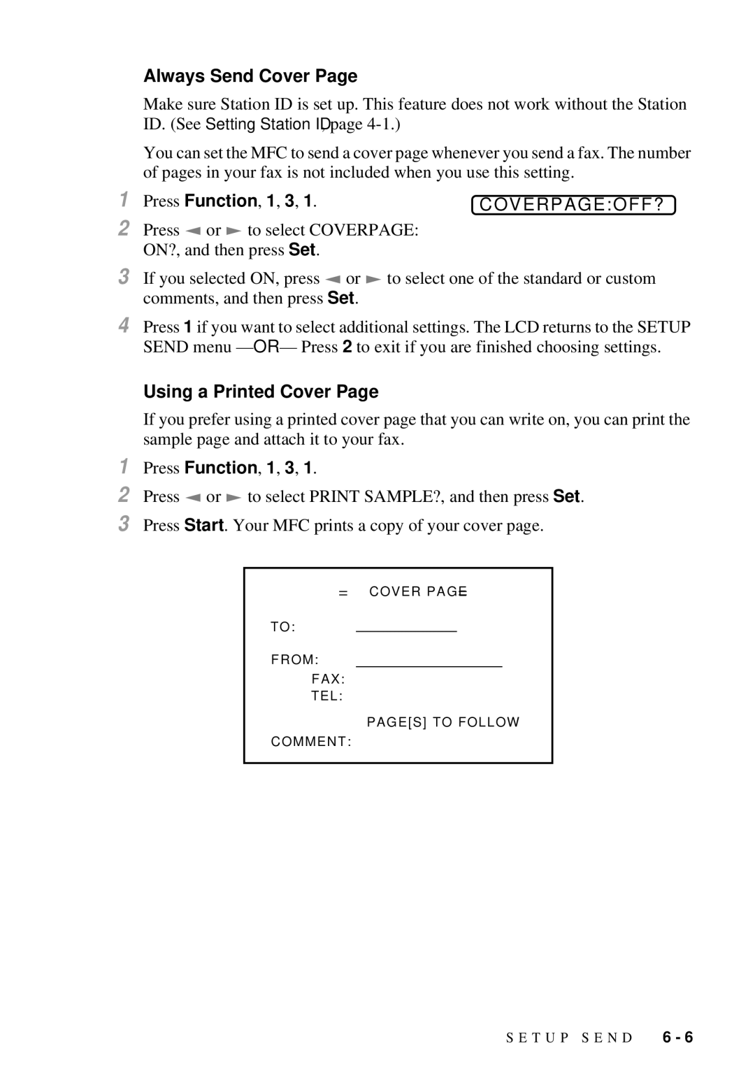 Brother MFC 4300 owner manual Always Send Cover, Coverpageoff?, Using a Printed Cover 