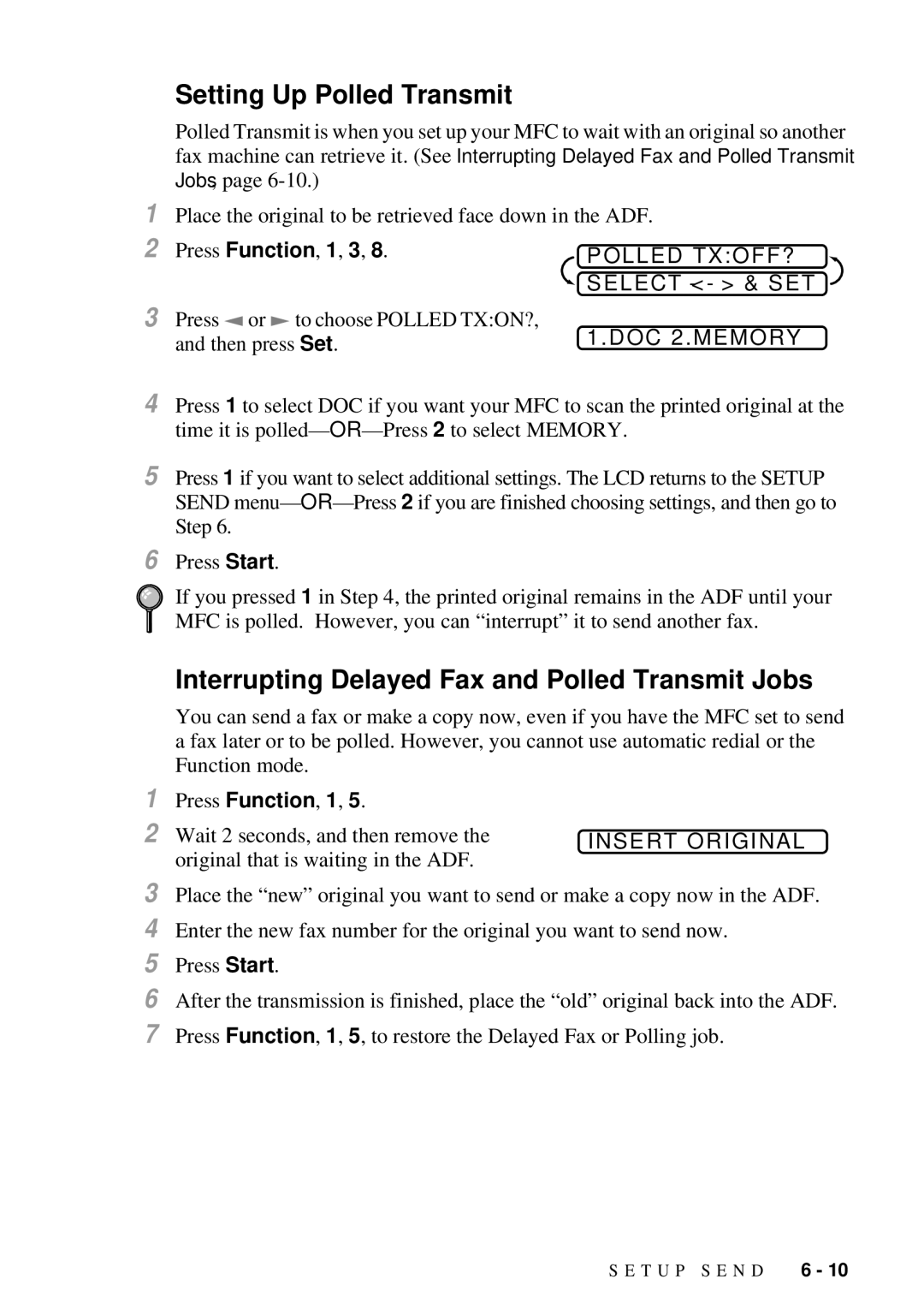 Brother MFC 4300 owner manual Setting Up Polled Transmit, Polled TXOFF? Select, DOC 2.MEMORY, Insert Original 