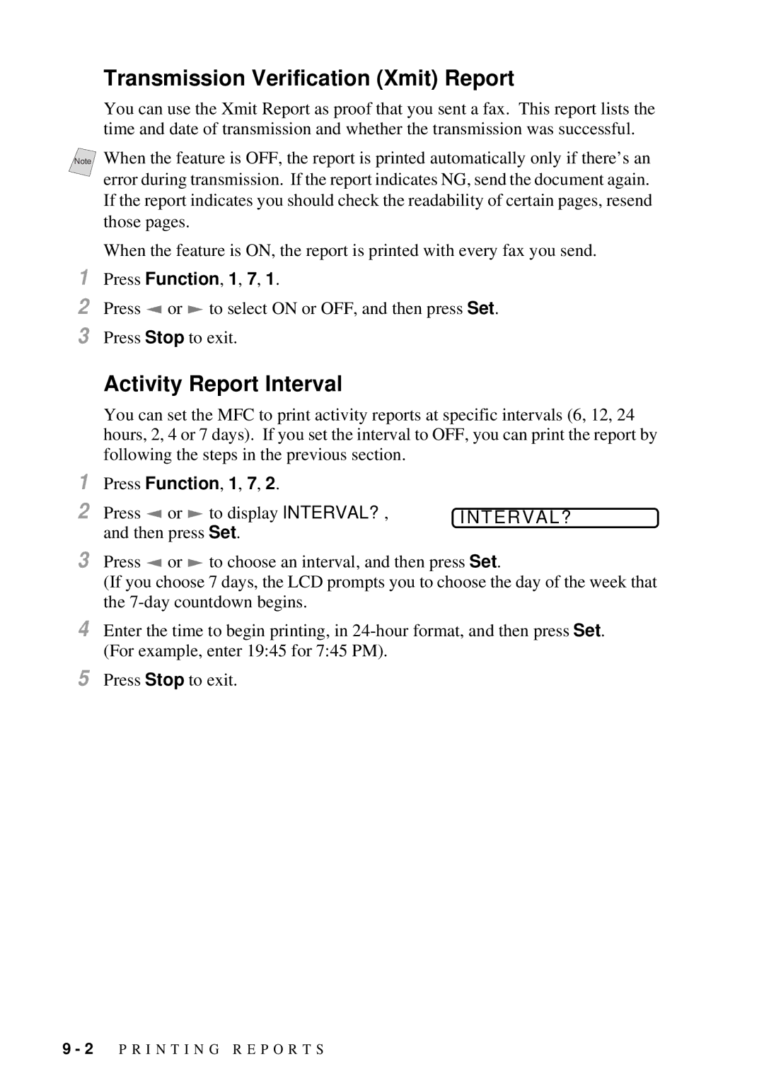 Brother MFC 4300 owner manual Transmission Verification Xmit Report, Activity Report Interval, Interval? 