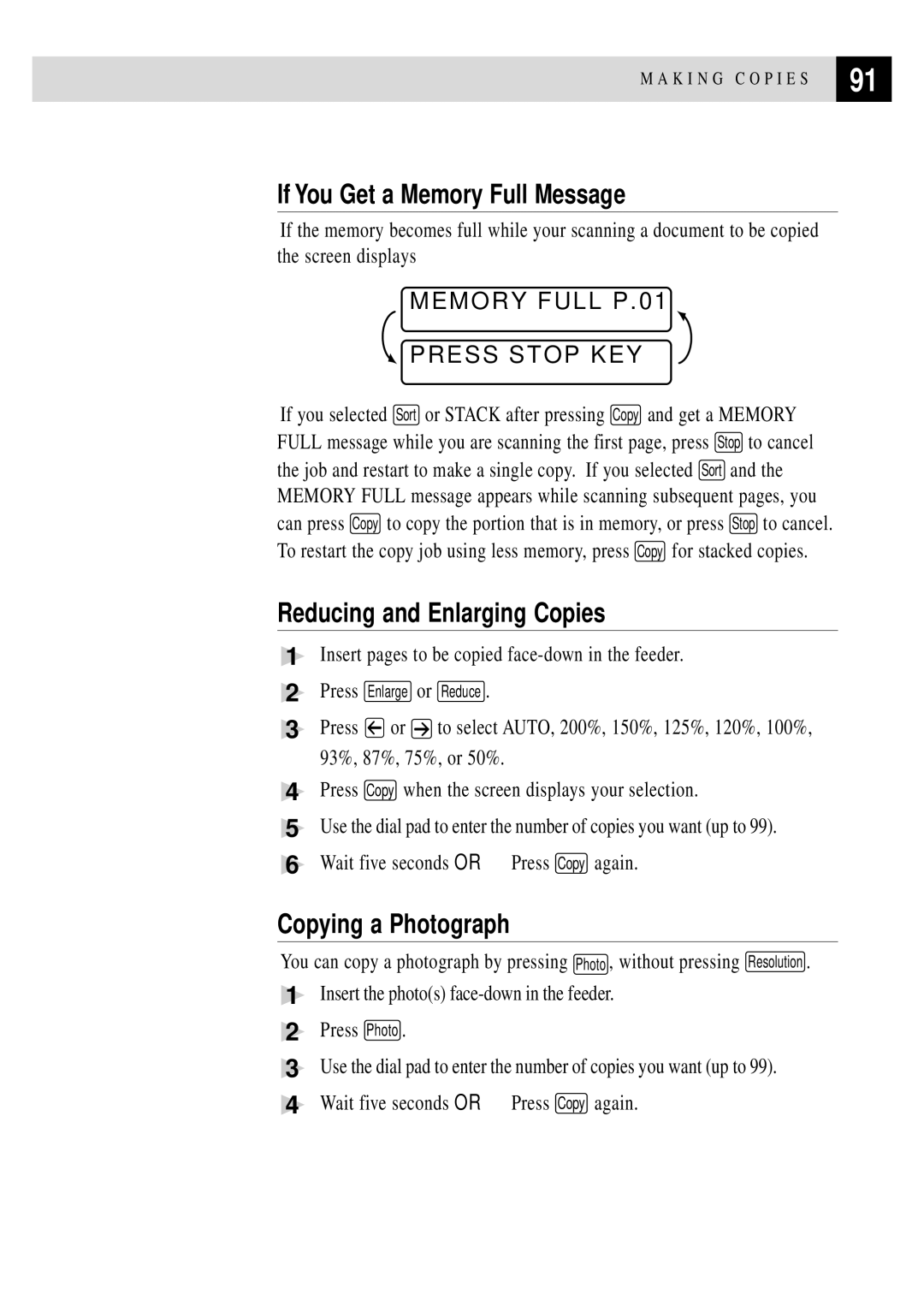 Brother MFC 4350 manual If You Get a Memory Full Message, Reducing and Enlarging Copies, Copying a Photograph 