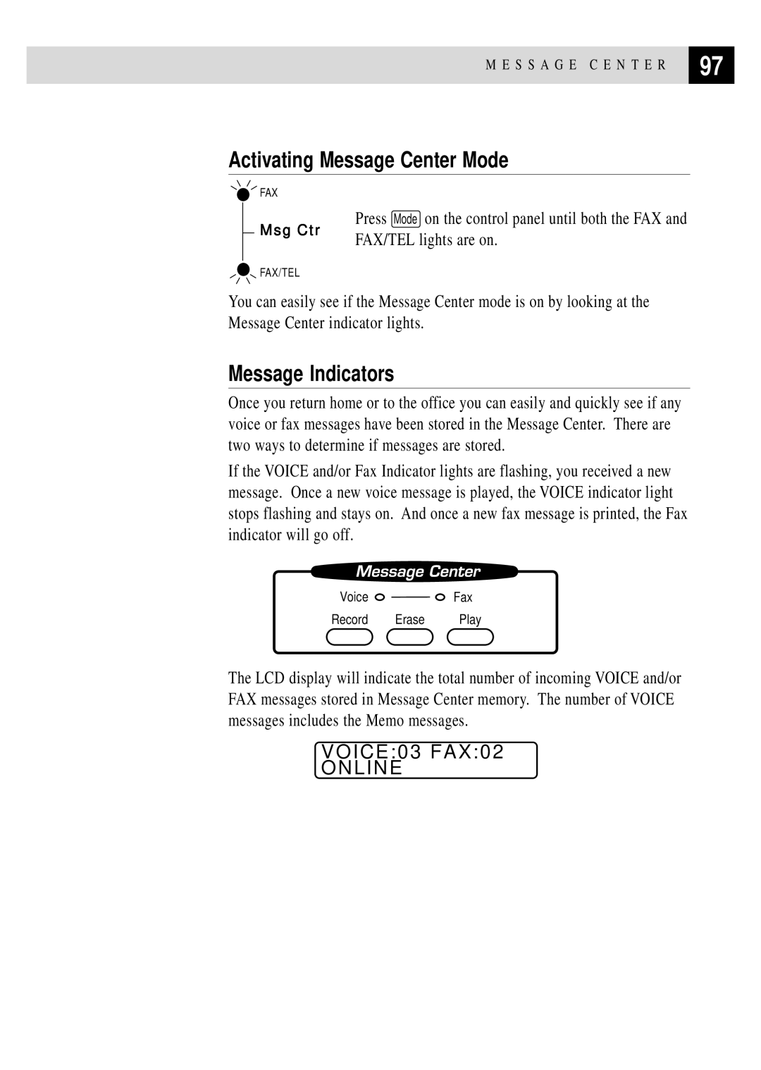 Brother MFC 4350 manual Activating Message Center Mode, Message Indicators, VOICE03 FAX02 Online 