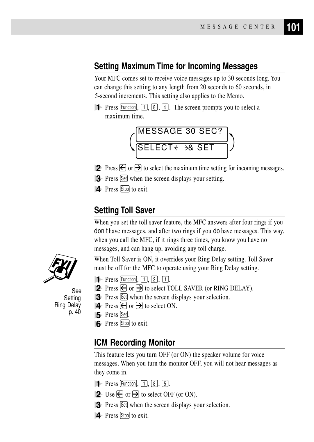 Brother MFC 4350 manual 101, Setting Maximum Time for Incoming Messages, Setting Toll Saver, ICM Recording Monitor 