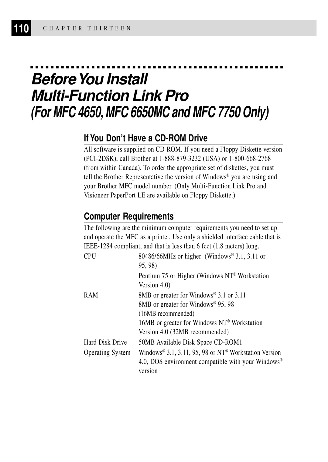 Brother MFC 4350 manual BeforeYou Install Multi-Function Link Pro, If You Don’t Have a CD-ROM Drive, Computer Requirements 