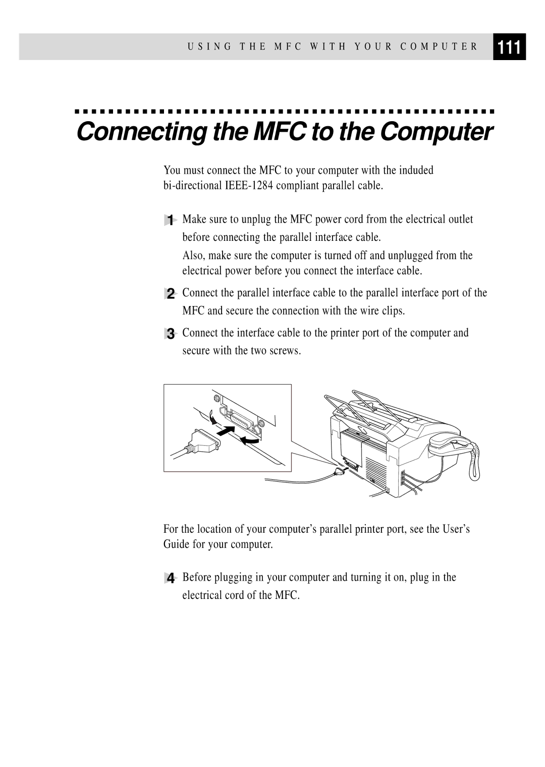 Brother MFC 4350 manual Connecting the MFC to the Computer, 111 