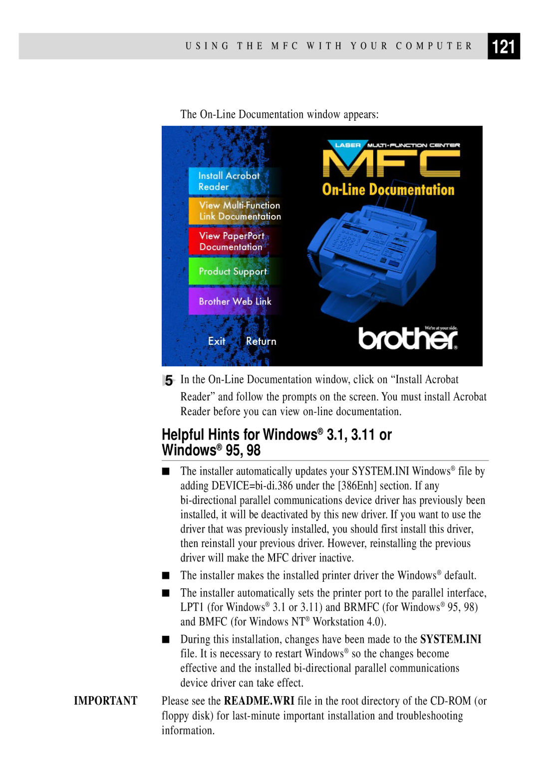 Brother MFC 4350 manual 121, Helpful Hints for Windows 3.1, 3.11 or Windows 95 