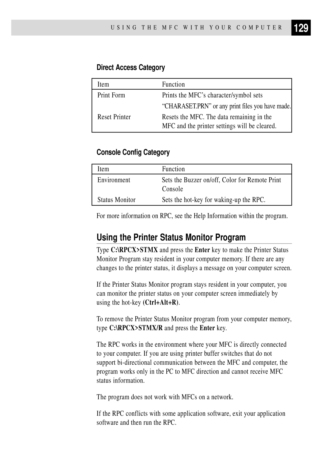 Brother MFC 4350 manual 129, Using the Printer Status Monitor Program, Direct Access Category, Console Config Category 