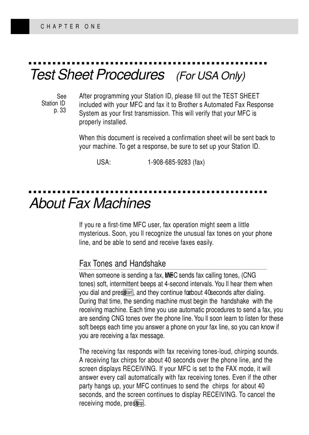 Brother MFC 4350 Test Sheet Procedures For USA Only, About Fax Machines, Fax Tones and Handshake, USA1-908-685-9283 fax 