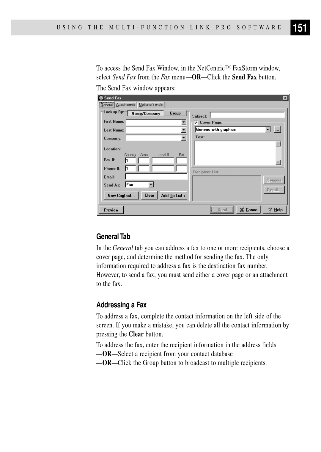 Brother MFC 4350 manual 151, General Tab, Addressing a Fax, Send Fax window appears 