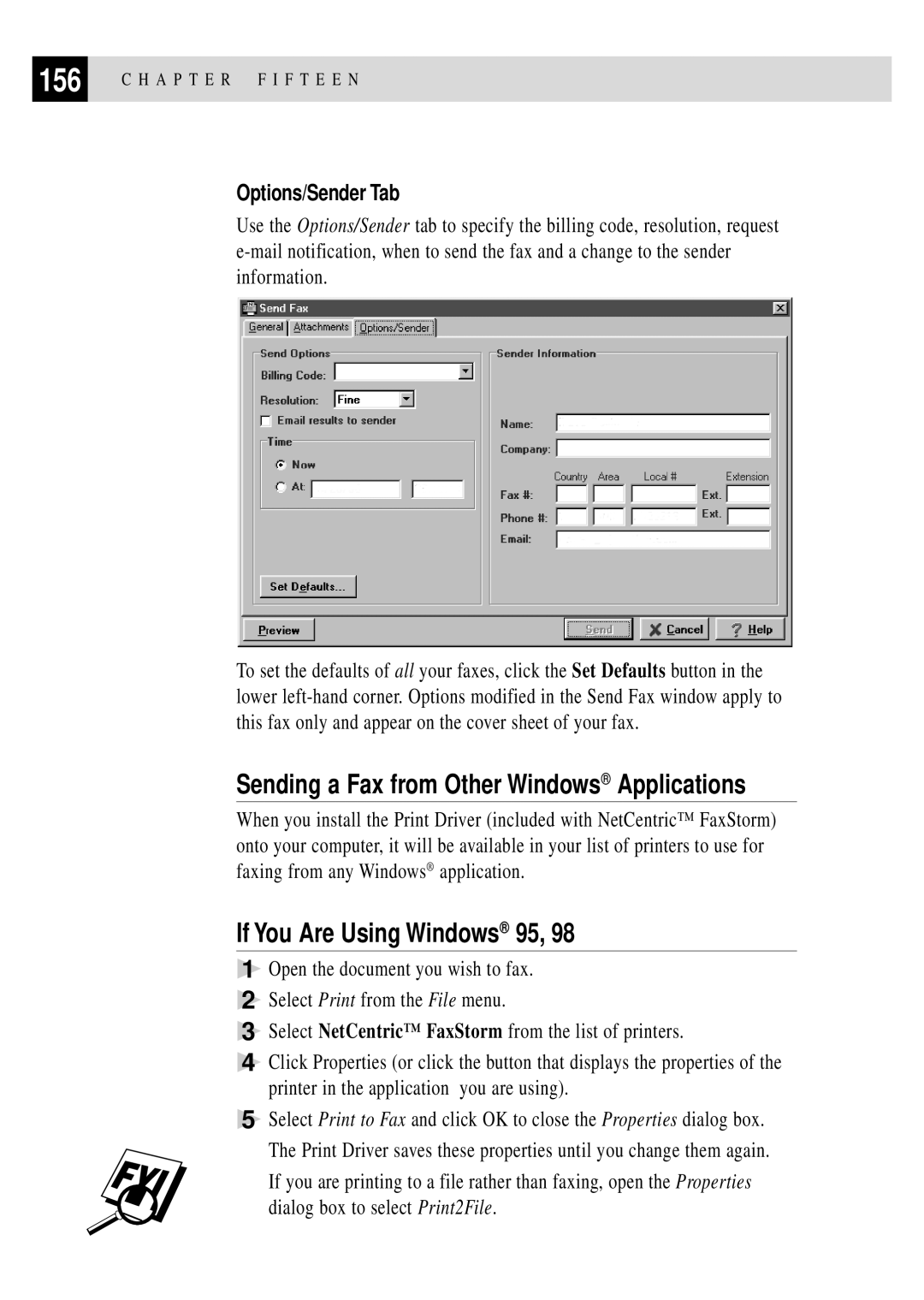 Brother MFC 4350 manual Sending a Fax from Other Windows Applications, Options/Sender Tab 