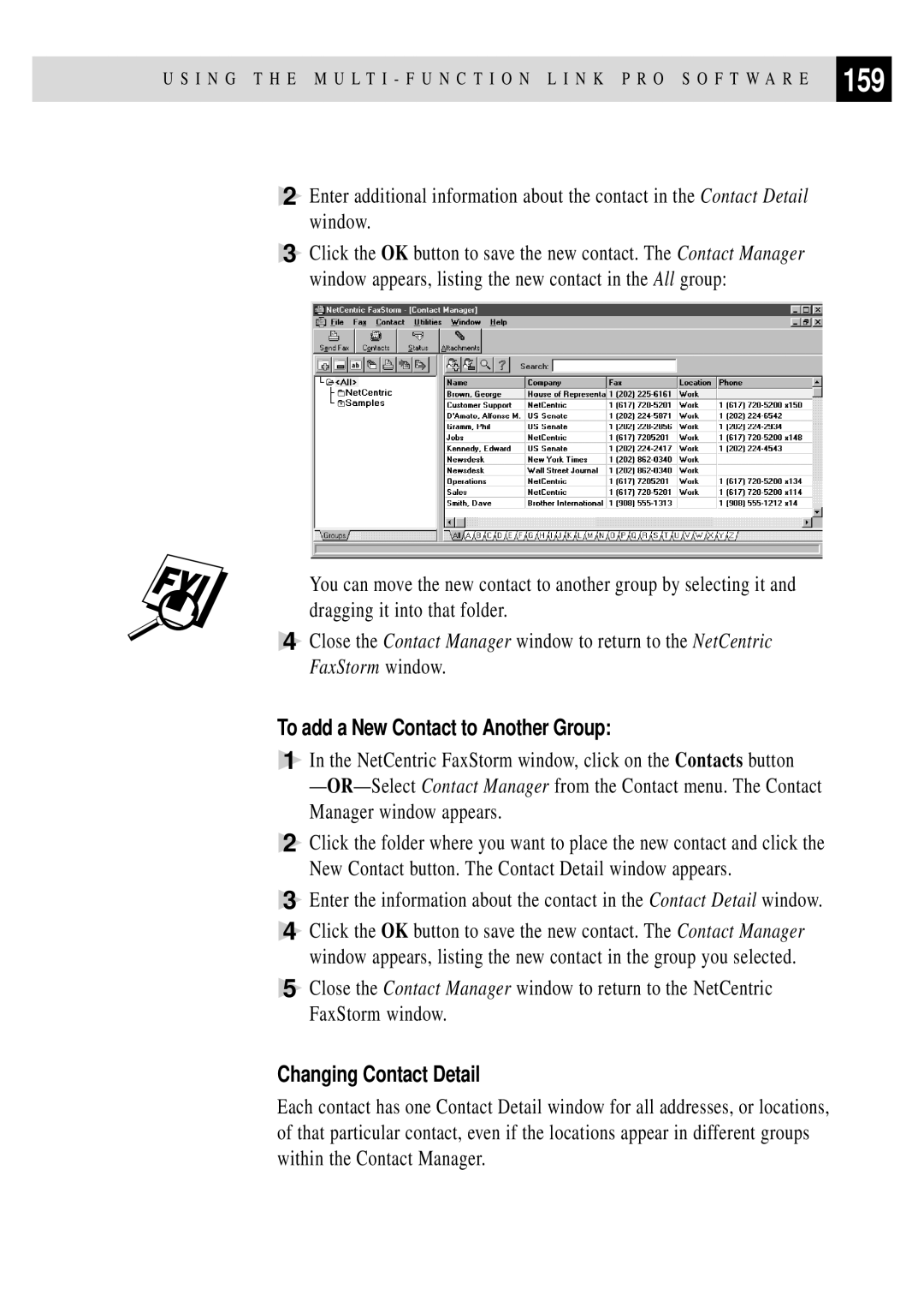 Brother MFC 4350 manual 159, To add a New Contact to Another Group, Changing Contact Detail 