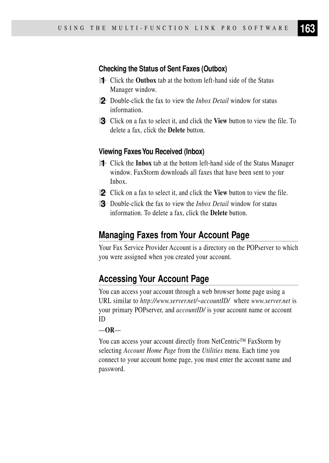 Brother MFC 4350 163, Managing Faxes from Your Account, Accessing Your Account, Checking the Status of Sent Faxes Outbox 