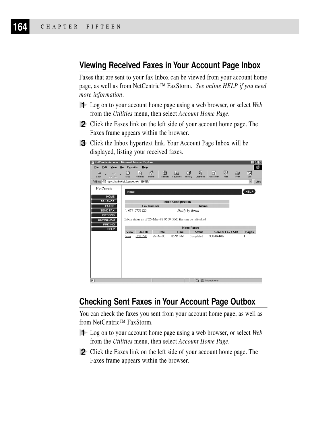 Brother MFC 4350 manual Viewing Received Faxes in Your Account Page Inbox, Checking Sent Faxes in Your Account Page Outbox 