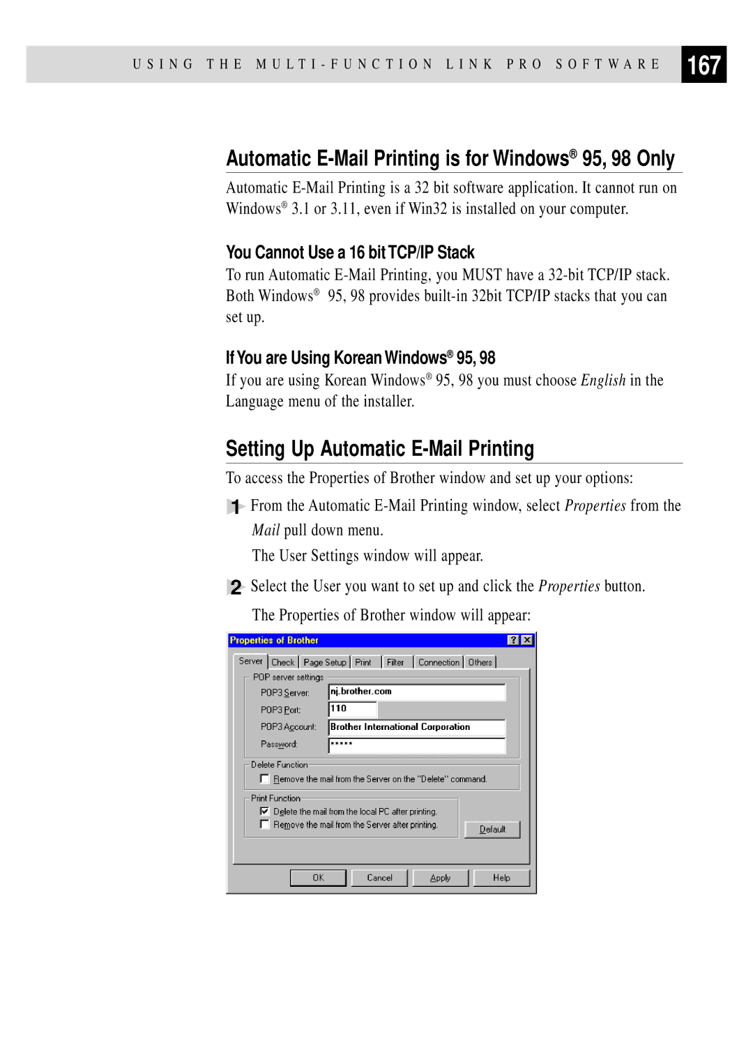 Brother MFC 4350 manual 167, Setting Up Automatic E-Mail Printing, You Cannot Use a 16 bit TCP/IP Stack 