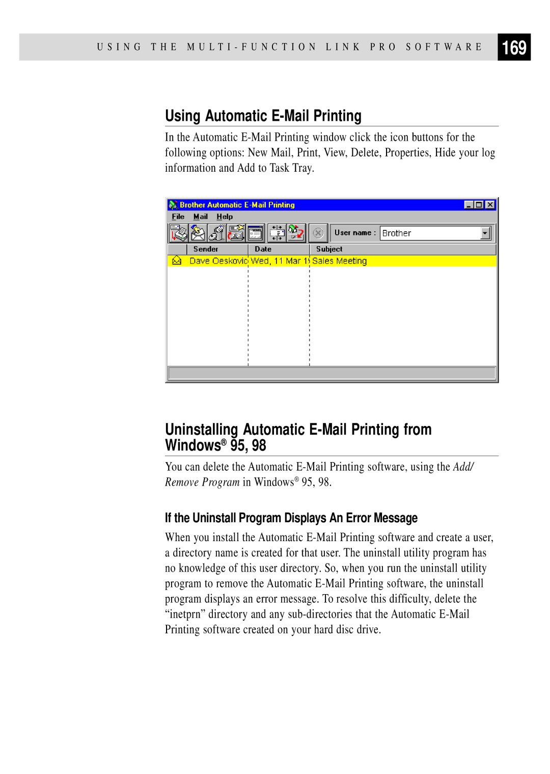 Brother MFC 4350 manual 169, Using Automatic E-Mail Printing, Uninstalling Automatic E-Mail Printing from Windows 95 