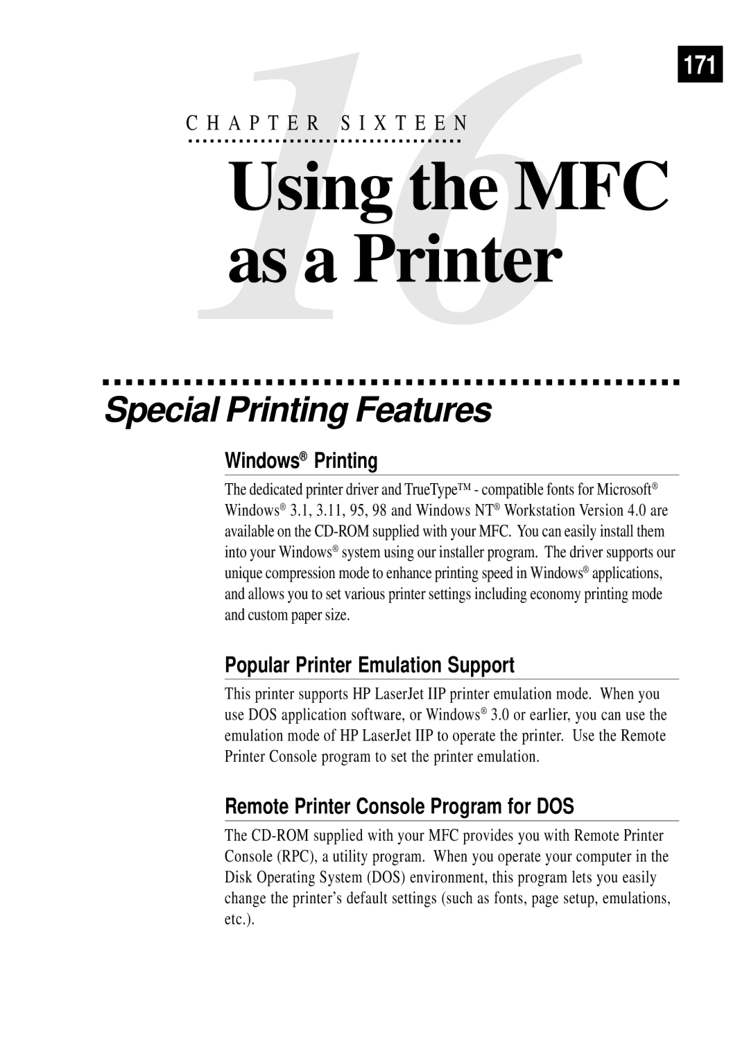 Brother MFC 4350 manual Special Printing Features, Windows Printing, Popular Printer Emulation Support 