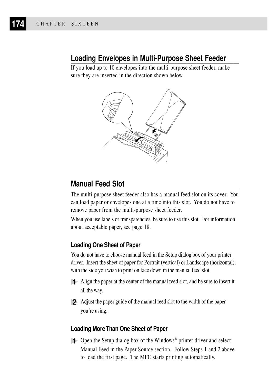Brother MFC 4350 manual Loading Envelopes in Multi-Purpose Sheet Feeder, Loading More Than One Sheet of Paper 
