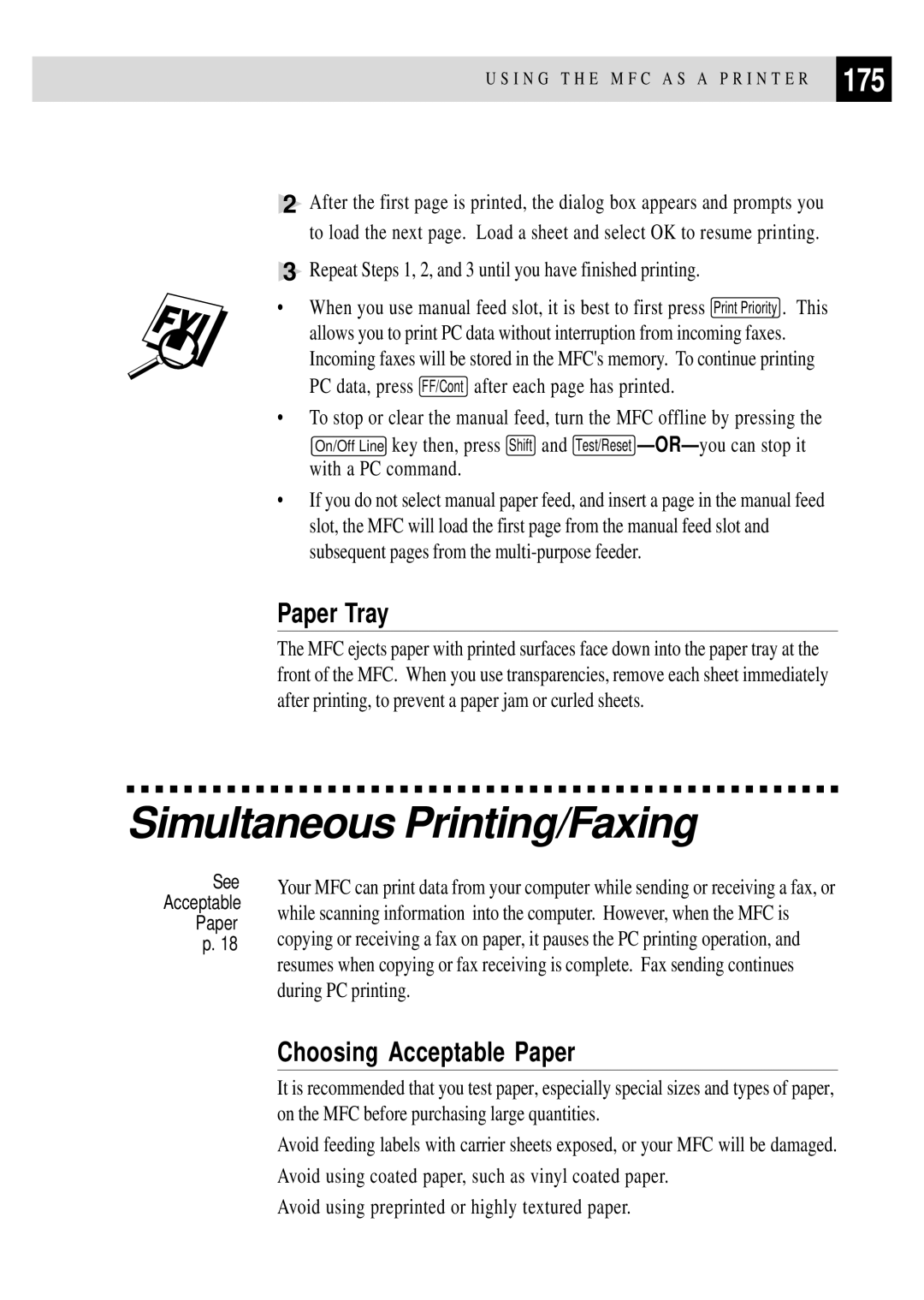 Brother MFC 4350 manual Simultaneous Printing/Faxing, 175, Paper Tray, Choosing Acceptable Paper 