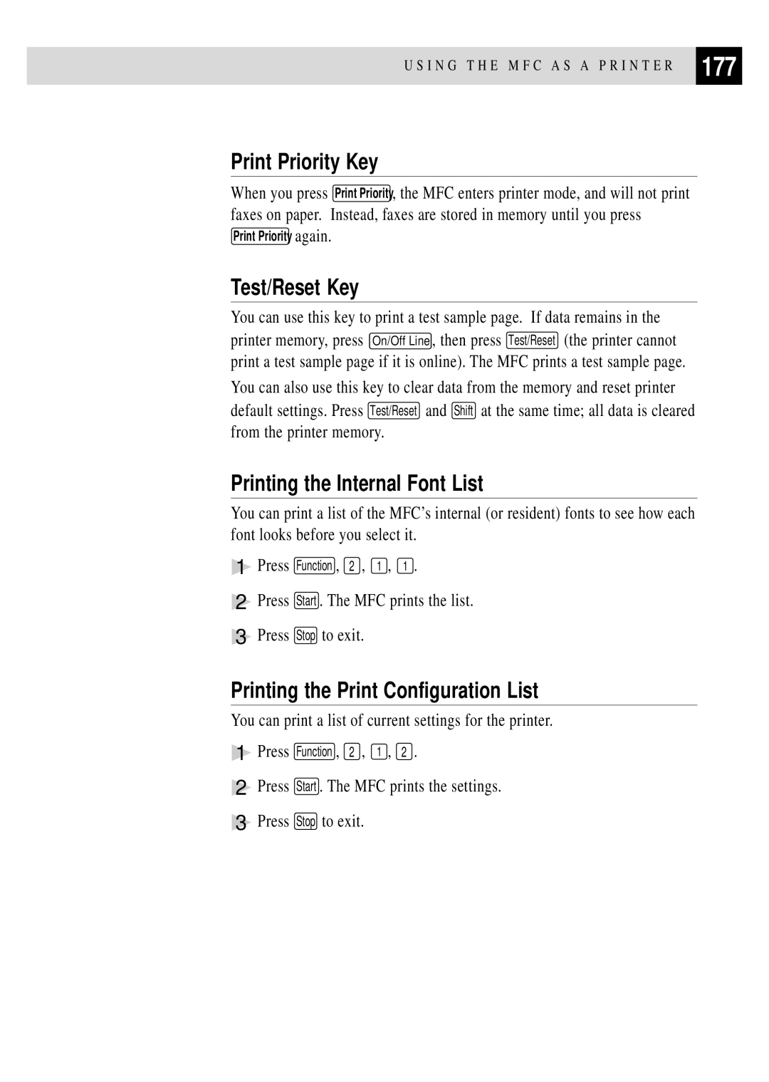 Brother MFC 4350 manual 177, Print Priority Key, Test/Reset Key, Printing the Internal Font List 