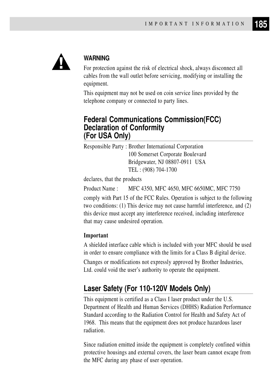 Brother MFC 4350 manual 185, Laser Safety For 110-120V Models Only 