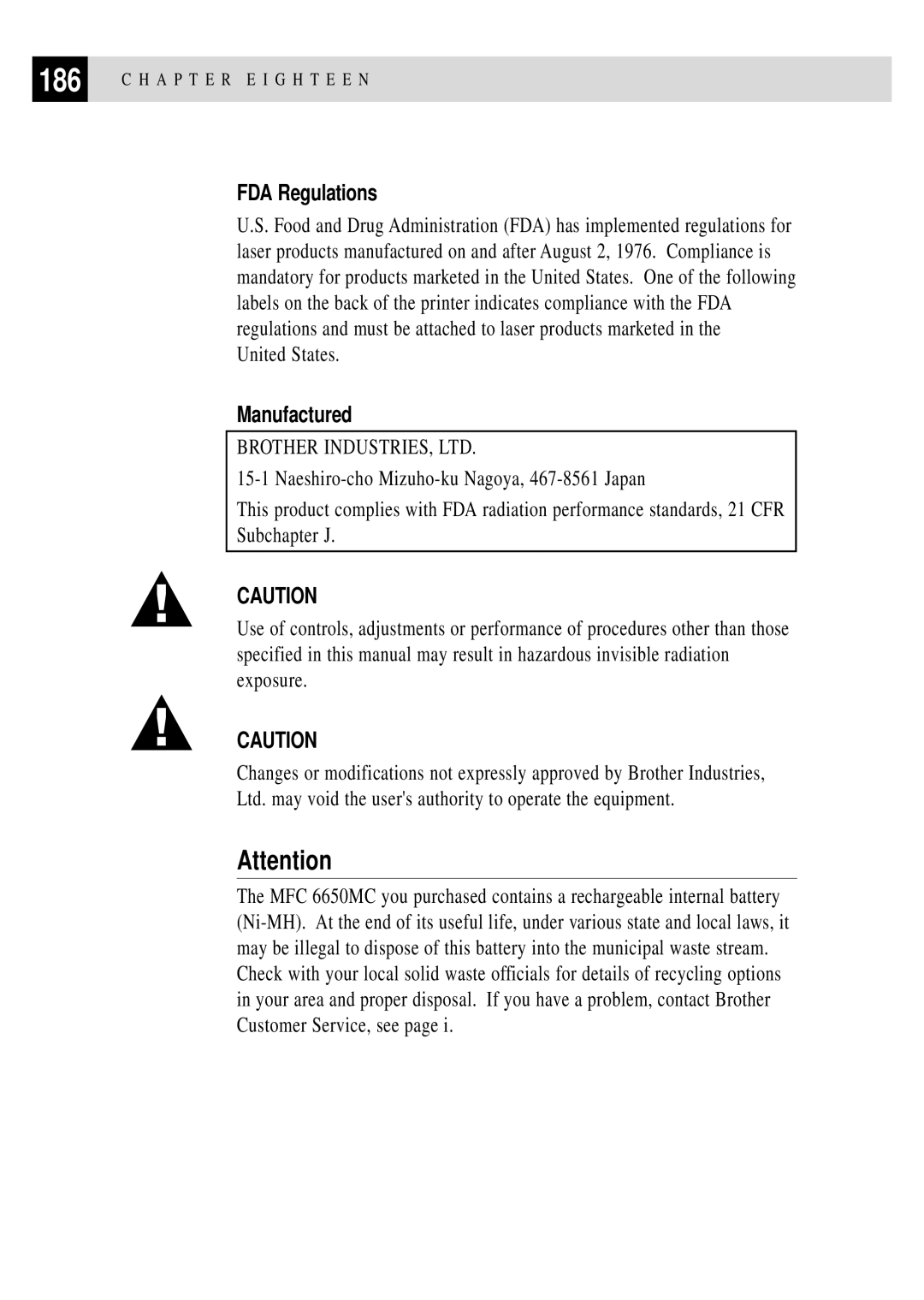 Brother MFC 4350 manual FDA Regulations, Manufactured, United States 