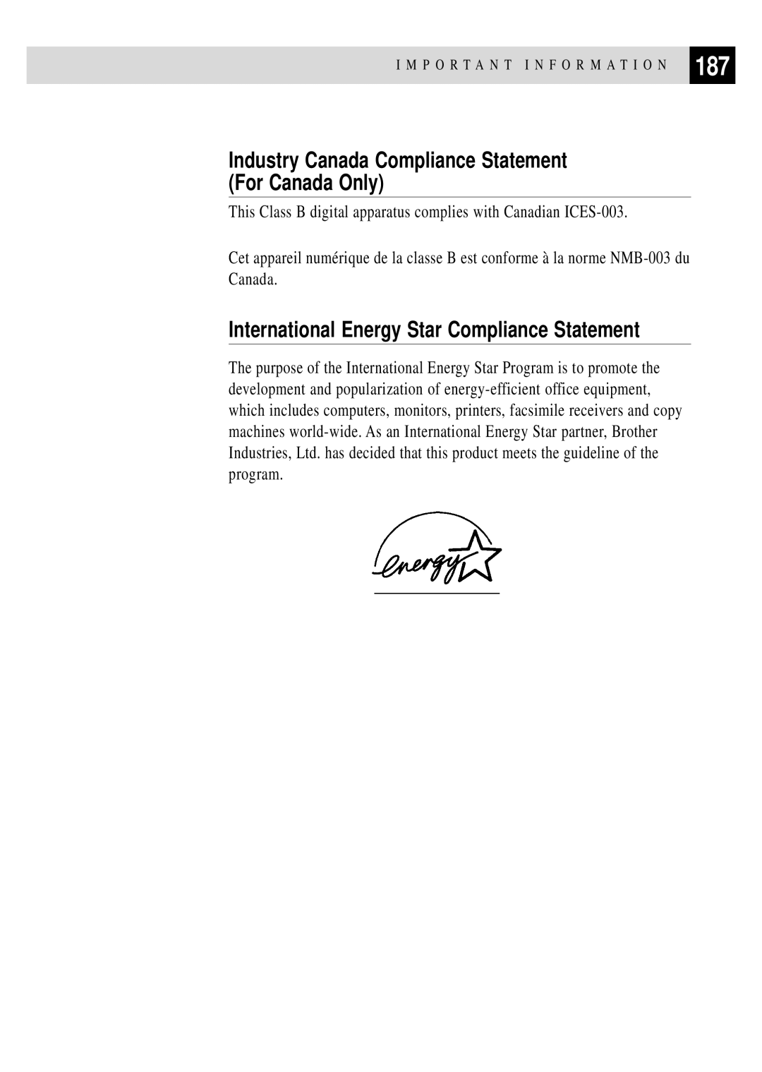 Brother MFC 4350 187, Industry Canada Compliance Statement For Canada Only, International Energy Star Compliance Statement 