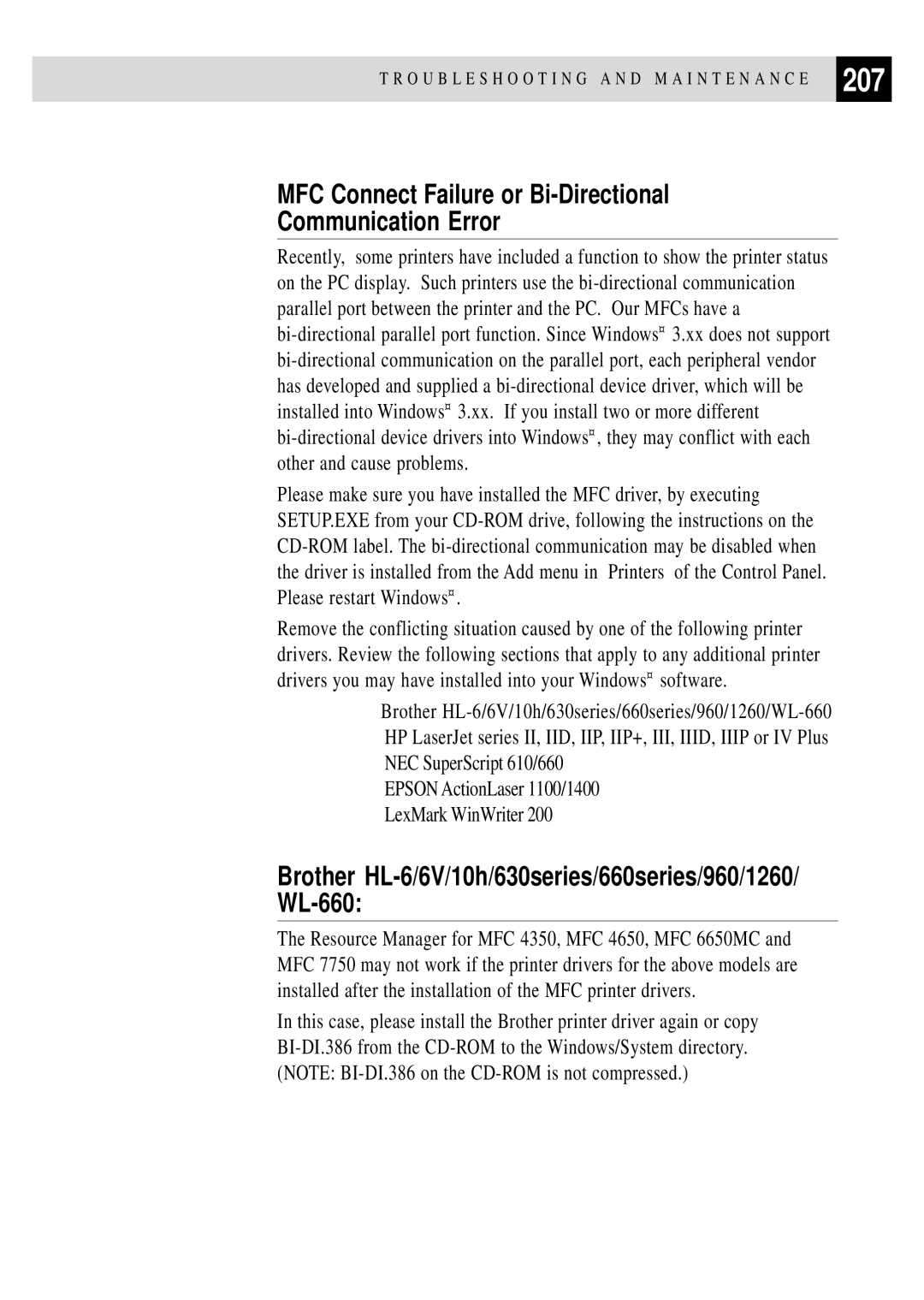 Brother MFC 4350 manual 207, MFC Connect Failure or Bi-Directional Communication Error 