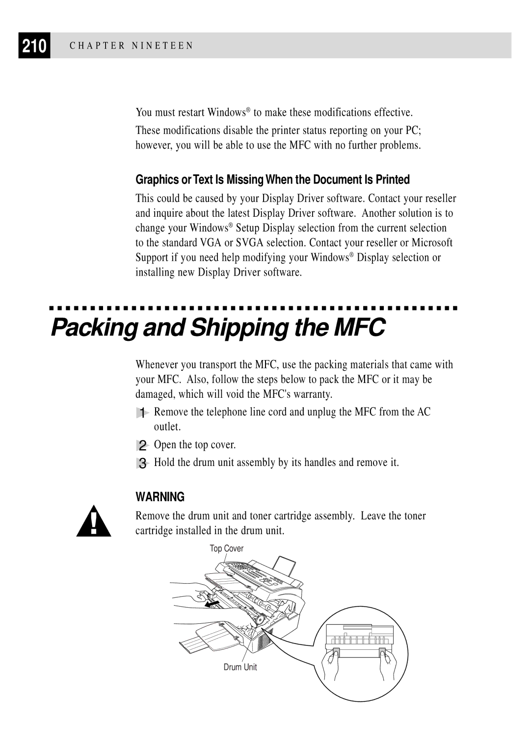 Brother MFC 4350 manual Packing and Shipping the MFC, Graphics or Text Is Missing When the Document Is Printed 