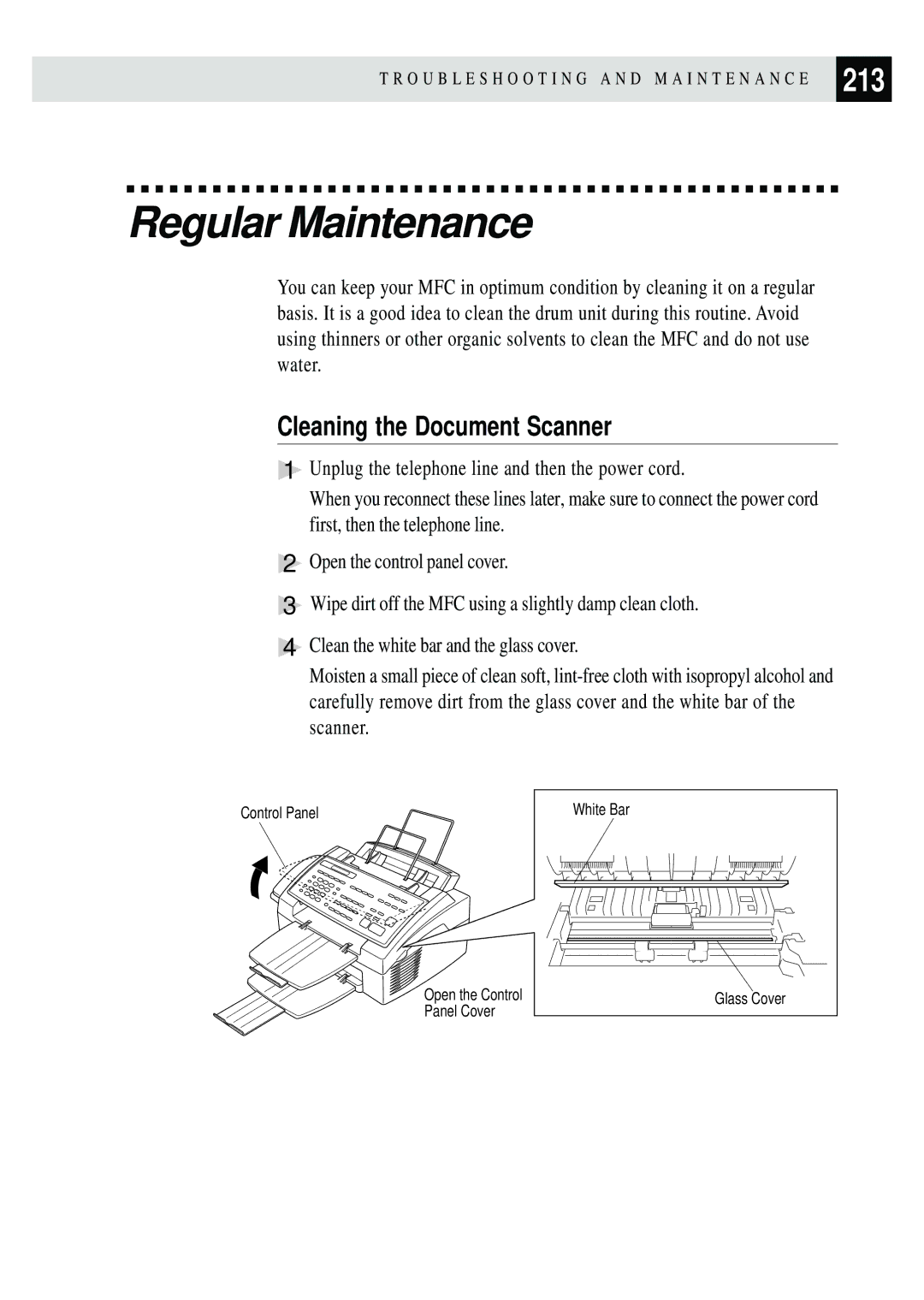 Brother MFC 4350 manual Regular Maintenance, 213, Cleaning the Document Scanner 