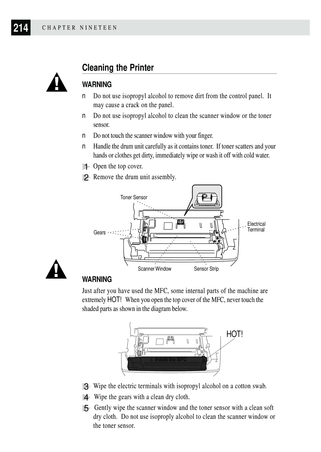 Brother MFC 4350 manual Cleaning the Printer, Open the top cover Remove the drum unit assembly, Toner sensor 