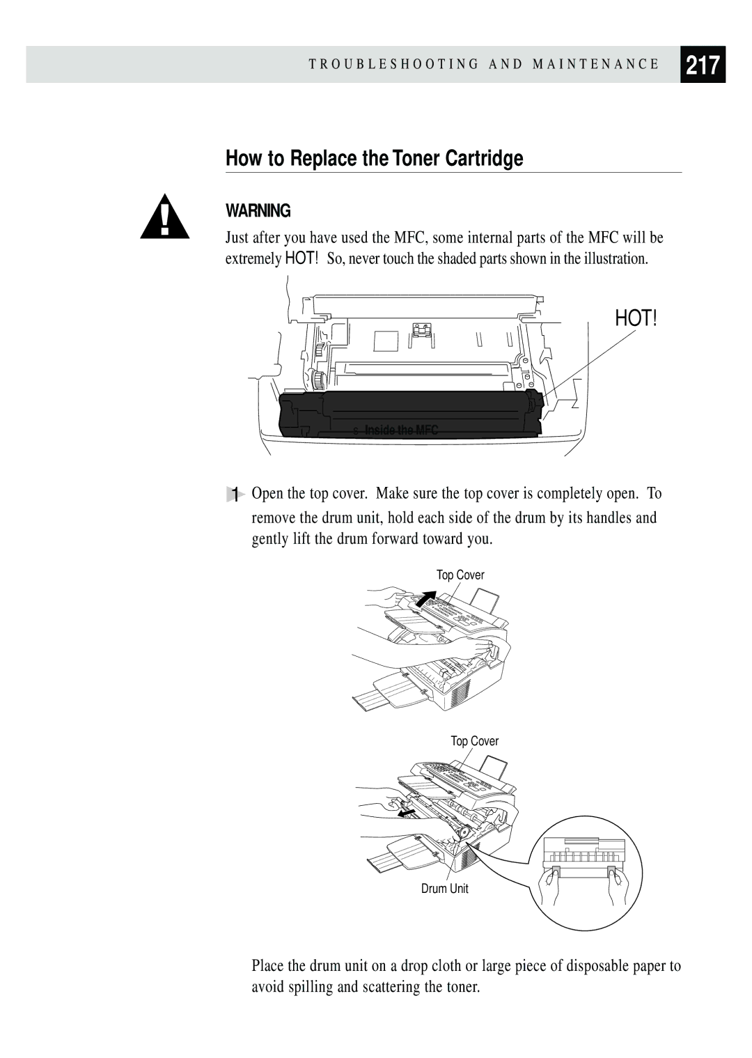 Brother MFC 4350 manual 217, How to Replace the Toner Cartridge 