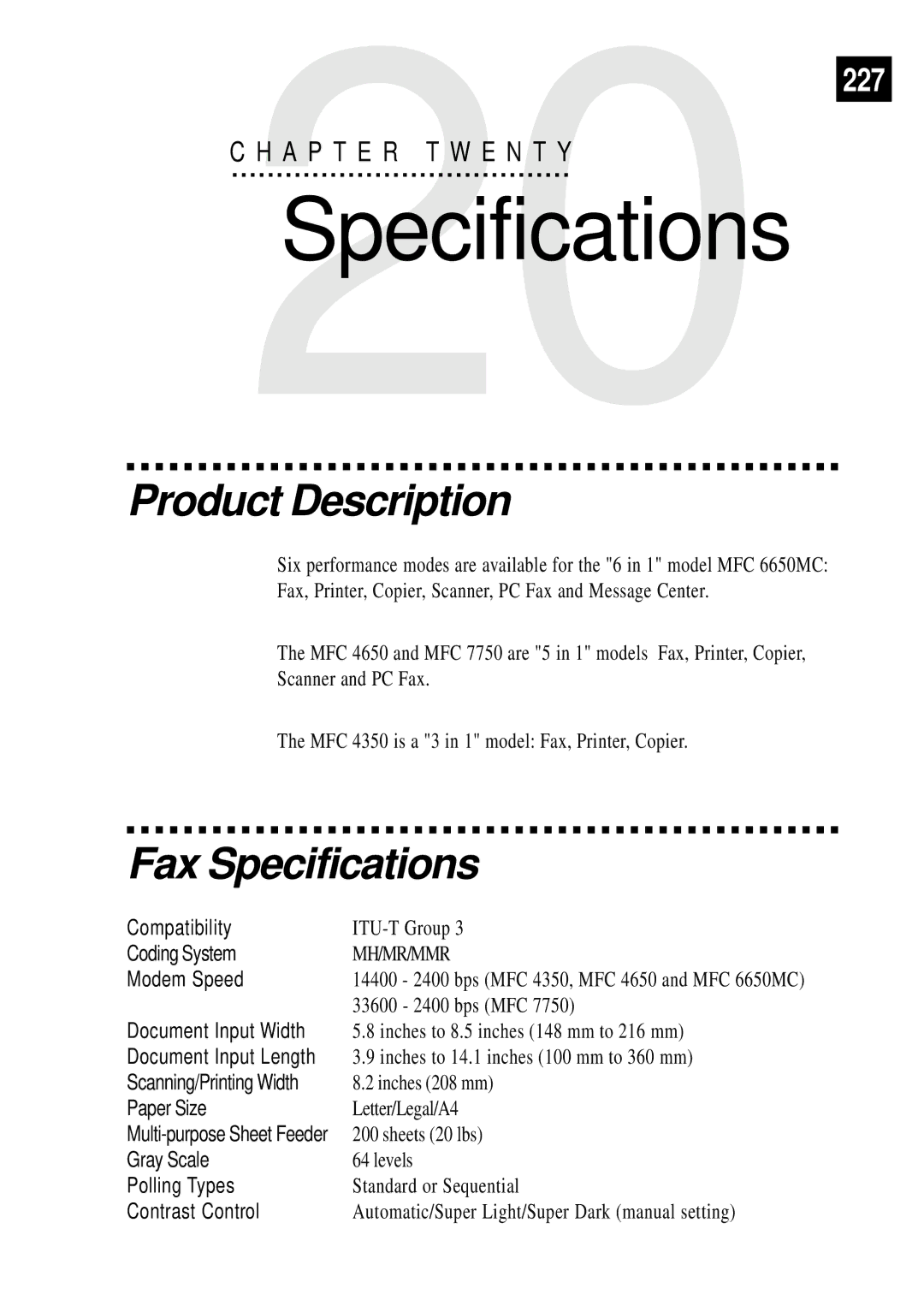 Brother MFC 4350 manual Product Description, Fax Specifications 