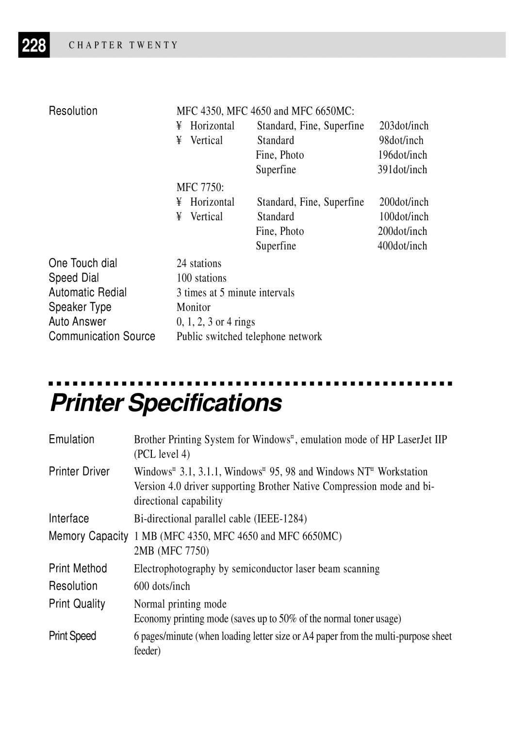 Brother MFC 4350 manual Printer Specifications 