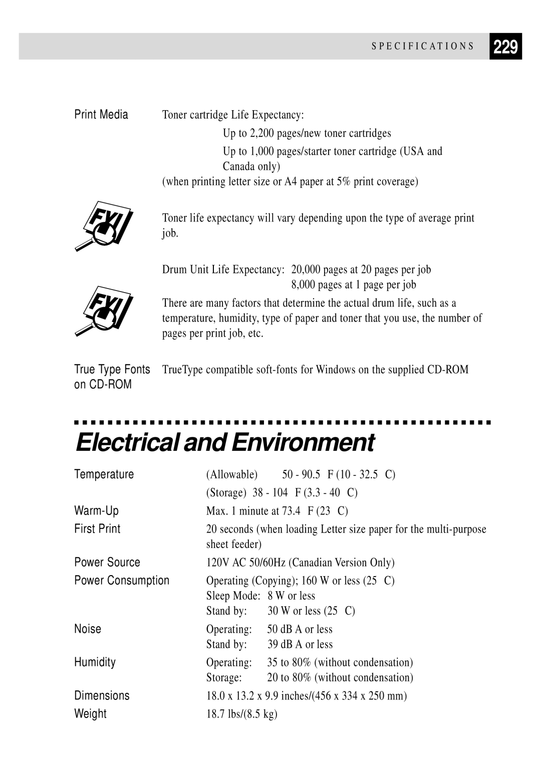 Brother MFC 4350 manual Electrical and Environment, 229 