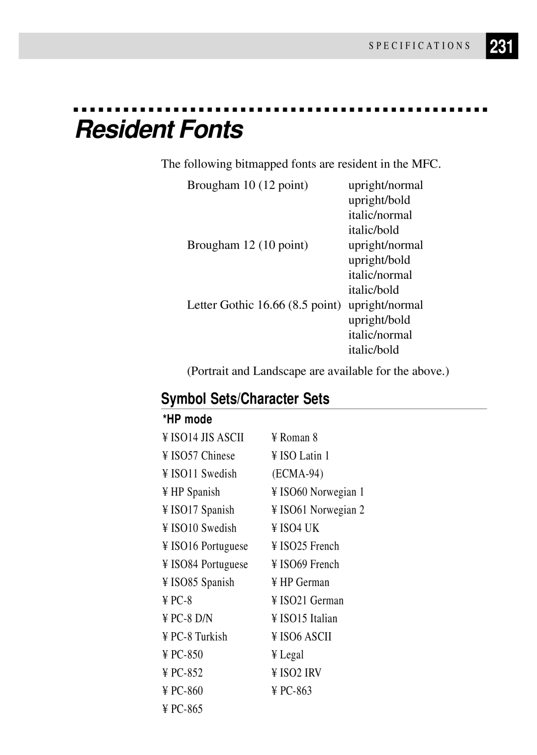 Brother MFC 4350 manual Resident Fonts, 231, Symbol Sets/Character Sets 