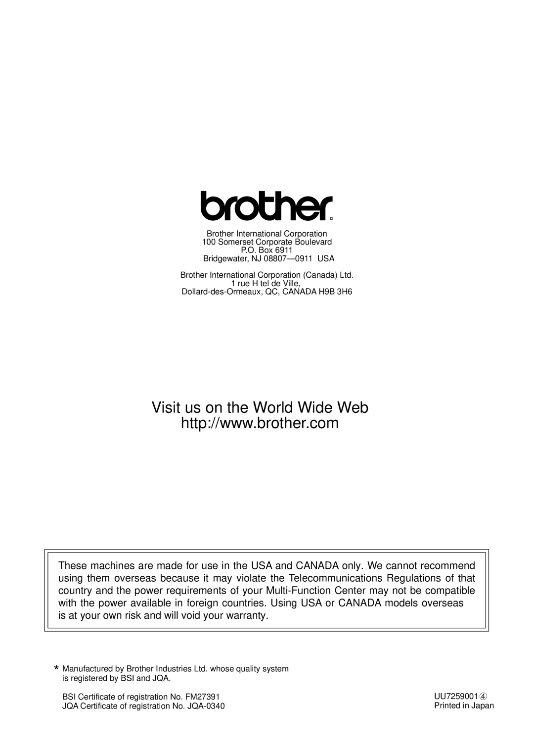 Brother MFC 4350 manual Visit us on the World Wide Web 