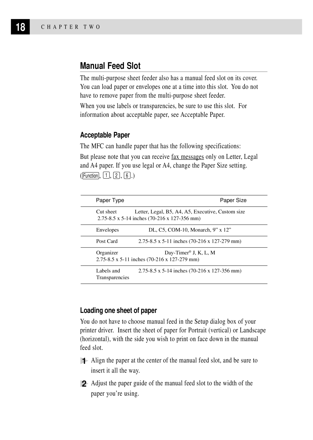 Brother MFC 4350 manual Manual Feed Slot, Acceptable Paper, Loading one sheet of paper 