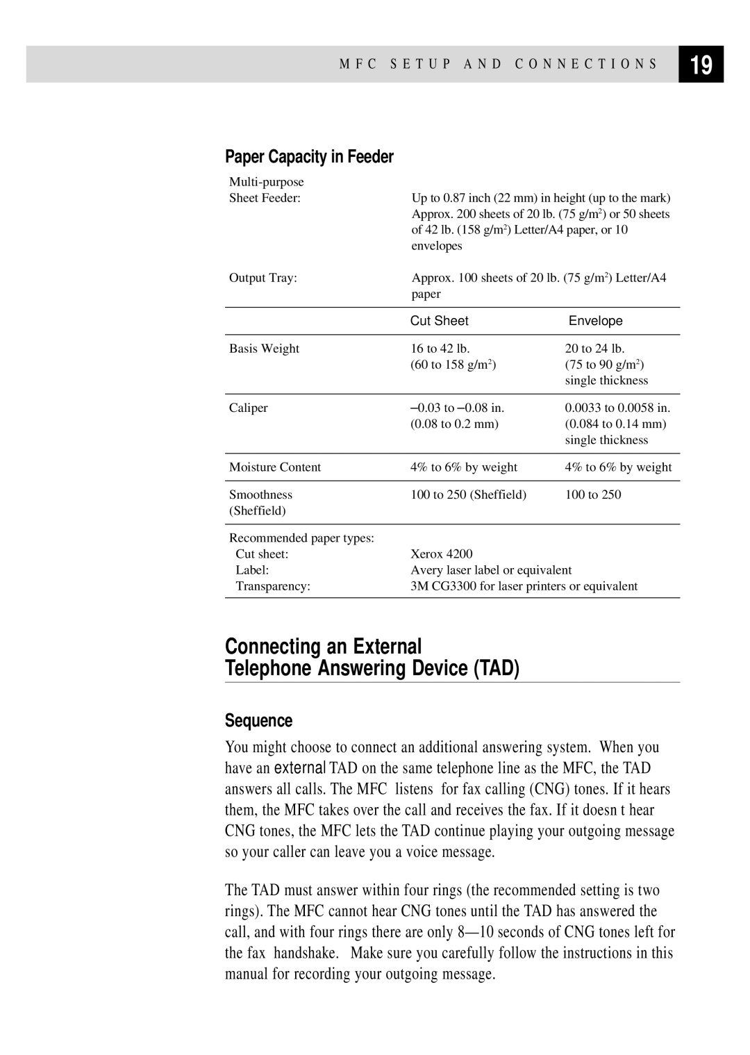 Brother MFC 4350 manual Connecting an External Telephone Answering Device TAD, Paper Capacity in Feeder, Sequence 