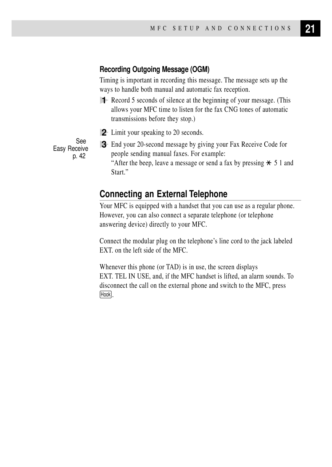 Brother MFC 4350 manual Connecting an External Telephone, Recording Outgoing Message OGM 